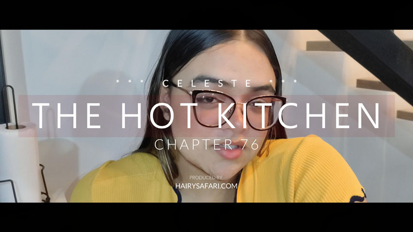 Celeste turns up the heat in a tight sporty dress, flaunting thick hairy legs and teasing her furry ass in the kitchen — a raw, wet, unshaved start